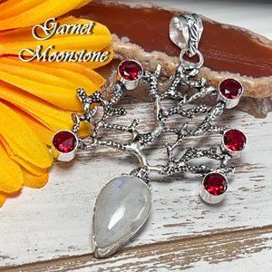 Moonstone Garnet Pendant Gemstone Handmade Statement Tree 925 Silver Boho New!